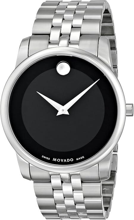Movado Museum Classic watch with black dial, white hands, signature dot, silver steel bracelet