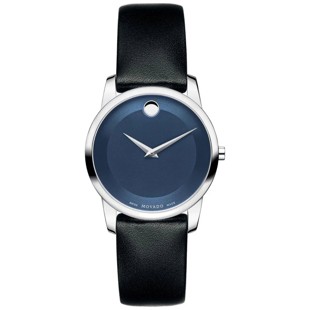Movado Museum ladies watch with blue dial, stainless steel case, and black leather strap