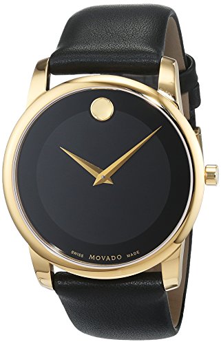 Movado Museum watch angled view showing gold case, black dial, and leather strap
