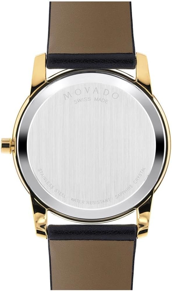 Movado Museum watch caseback showing engraved Movado branding and Swiss Made marking