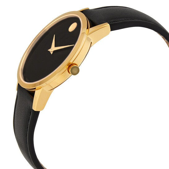 Movado Museum watch side profile showing case thickness and leather strap detail