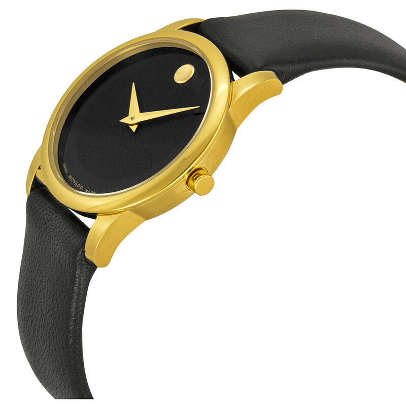 Angled view of Movado Museum black dial watch with gold-plated case and black leather band