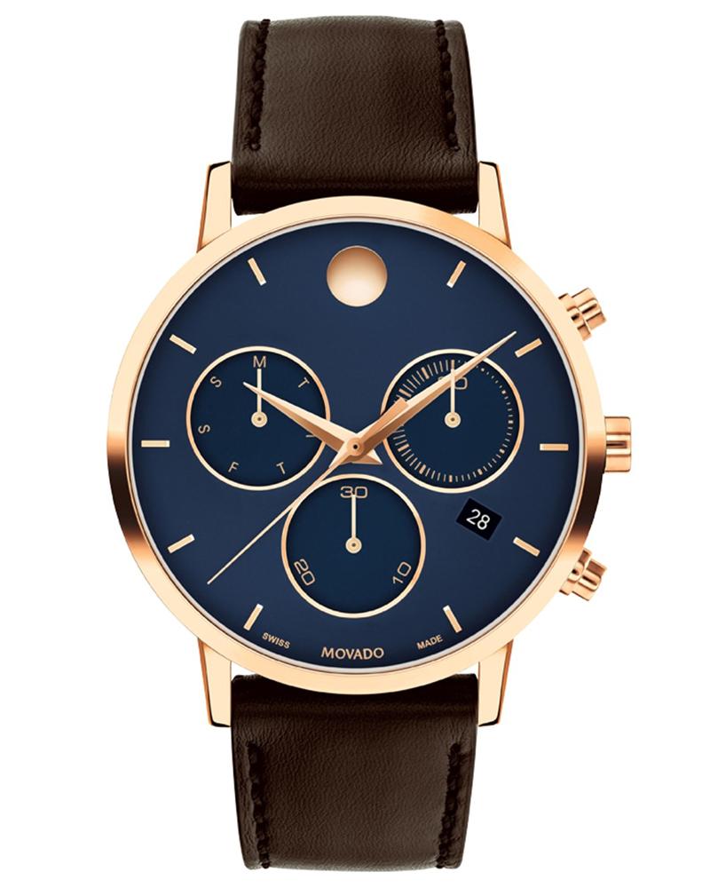 Movado MUSEUM watch with blue dial, rose gold case, three chronograph subdials, and brown leather strap