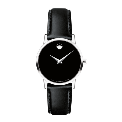 Movado Museum men's watch on wrist showing black dial and black leather strap