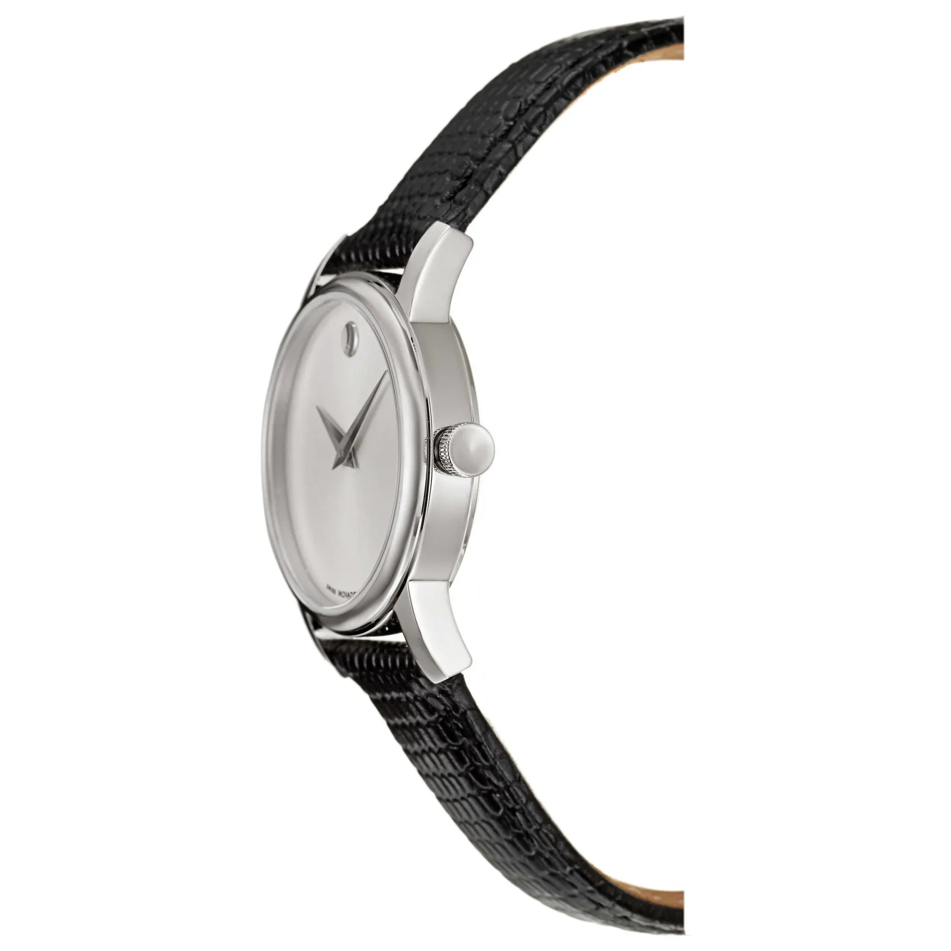 Side view of Movado Museum watch showing slim stainless steel case and black leather strap