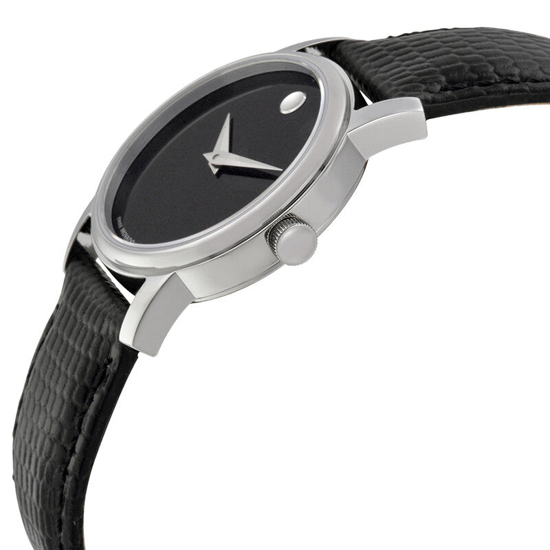 Movado Museum ladies watch side angle view showing case profile and black leather strap