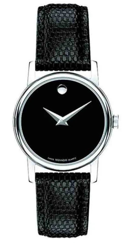 Movado Museum black dial black leather strap ladies watch with silver-tone case and signature dot