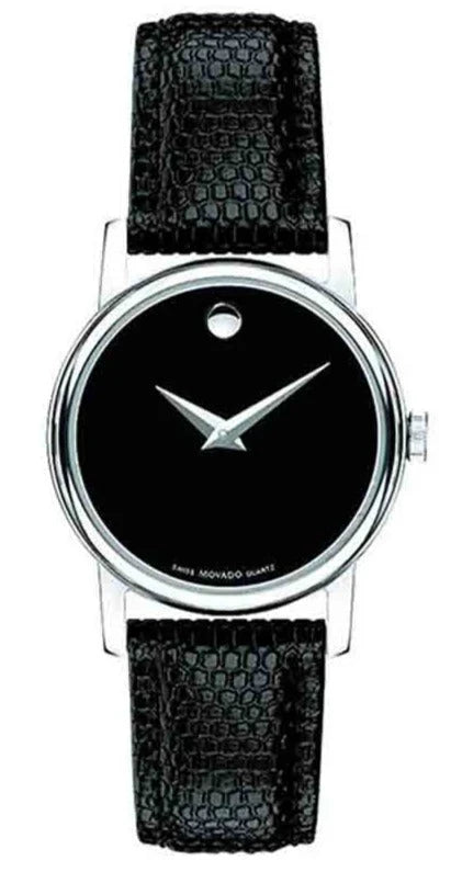Movado Museum black dial black leather strap ladies watch with silver-tone case and signature dot