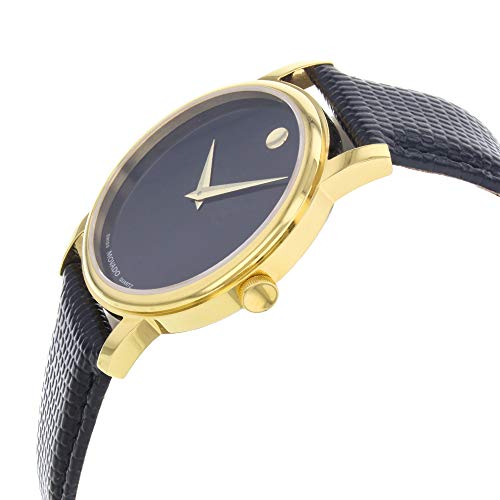 Movado Museum watch side view with black dial and gold-tone case detail