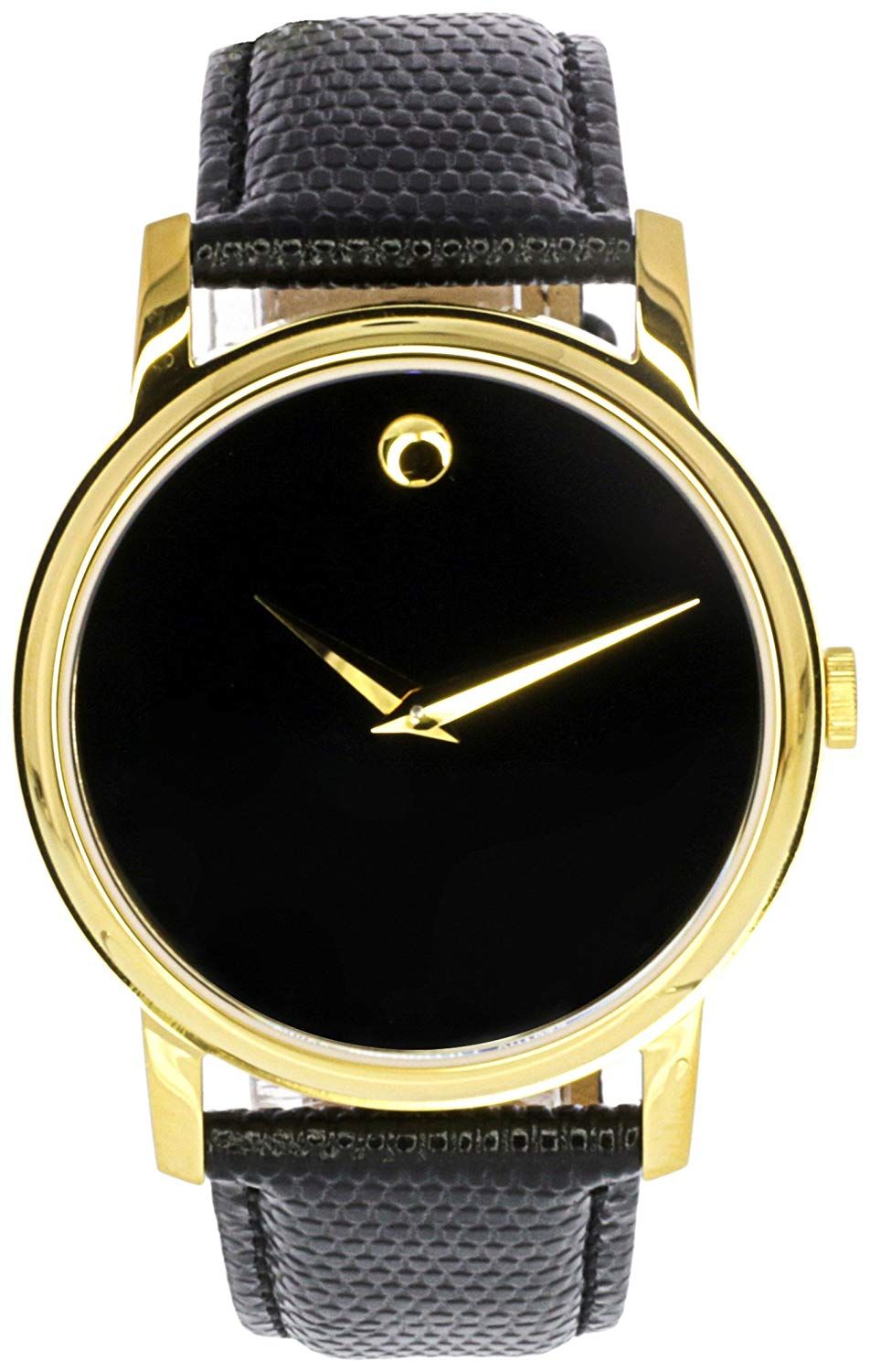 Movado Museum watch front view with black minimalist dial and gold-tone bezel