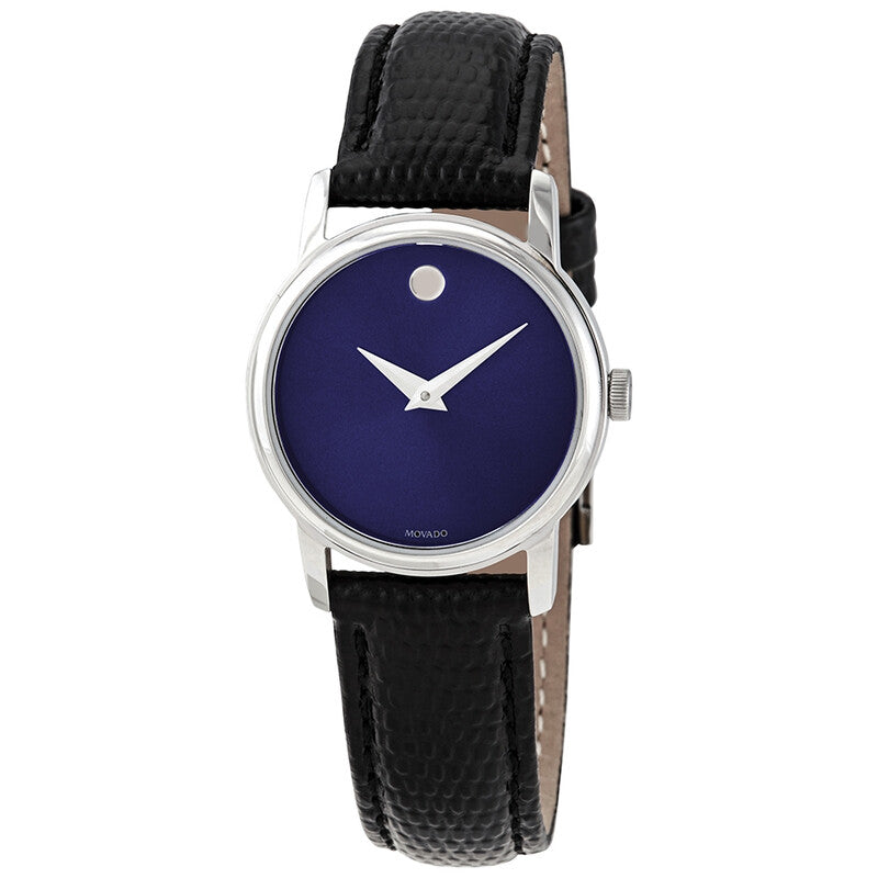 Movado Museum watch angled view showing blue dial and black leather strap detail