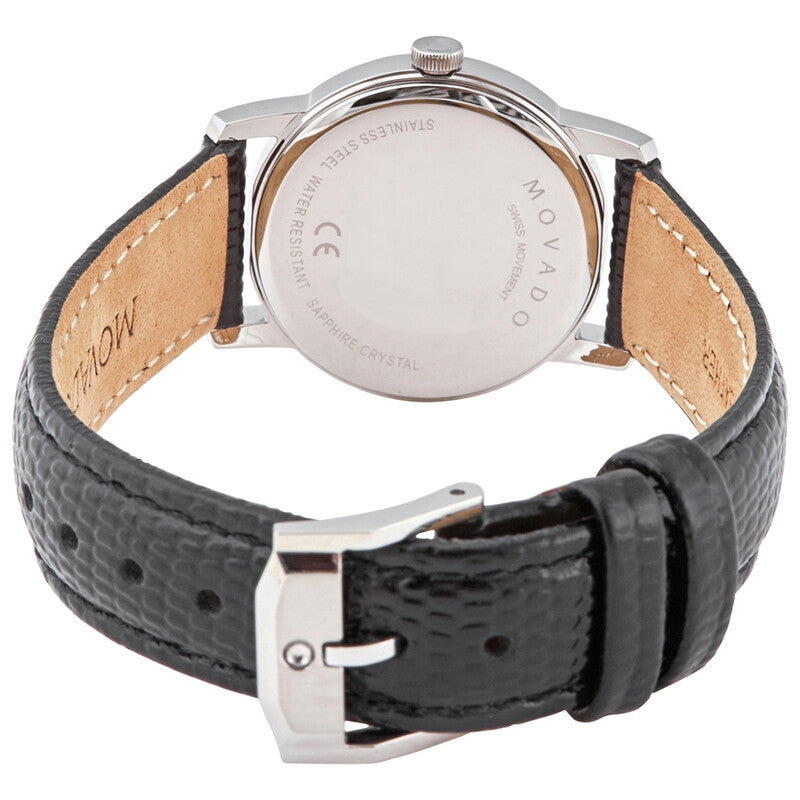 Movado Museum watch caseback showing stainless steel back and black leather strap
