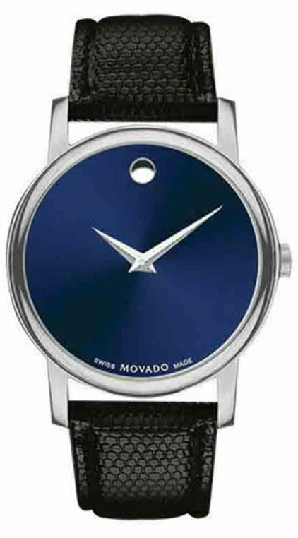 Movado Museum ladies watch with blue dial, silver-tone case, and black leather strap