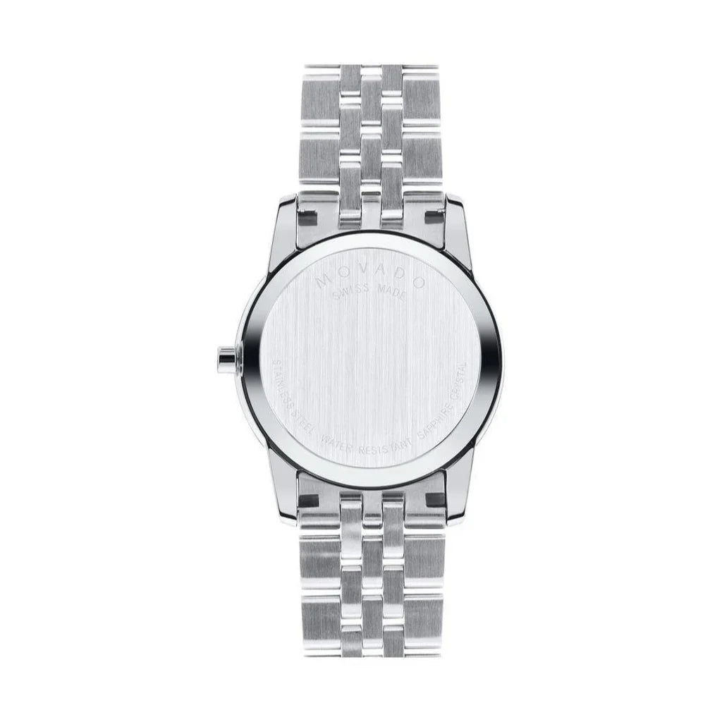 Movado Museum Classic 0606505 caseback showing stainless steel construction