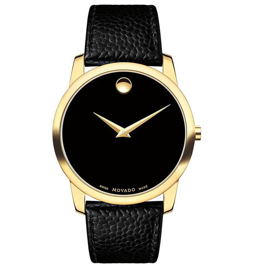 Movado Museum Classic black dial quartz watch with gold-tone case and black leather strap