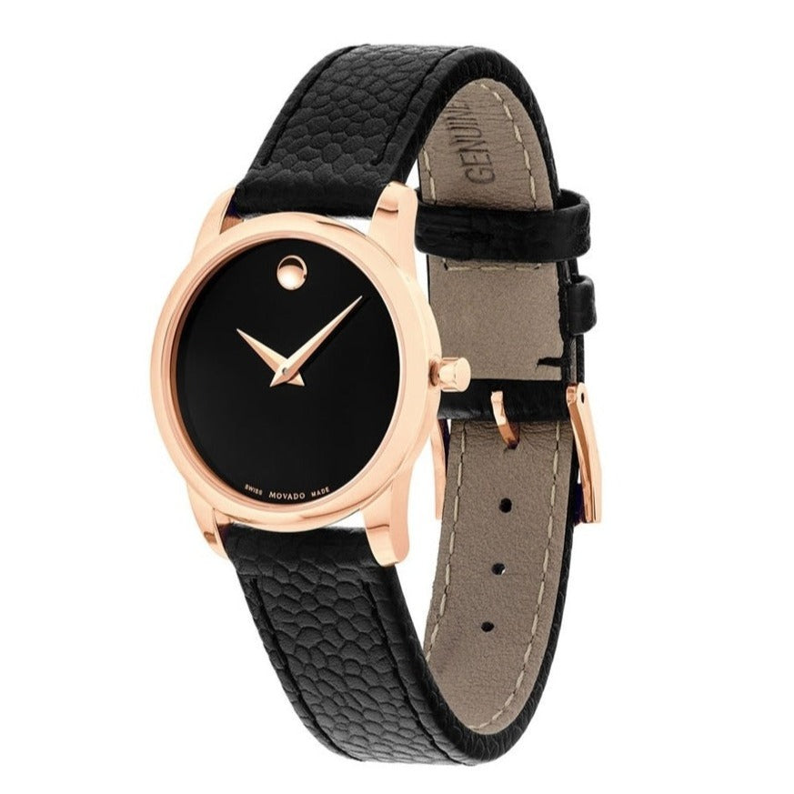 Movado Museum Classic watch showing rose gold case, black dial, and leather strap detail view