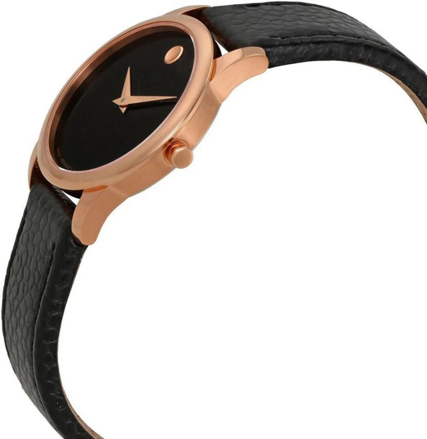 Movado Museum Classic watch side profile showing rose gold case thickness and black leather strap