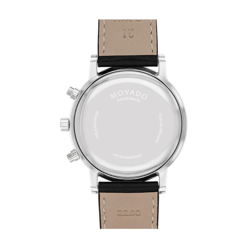 Movado Museum Classic Chronograph caseback showing stainless steel case with engraved logo