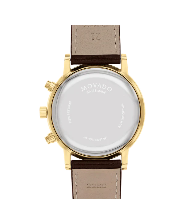 Movado Museum Classic Chronograph caseback with engraved logo and brown leather strap