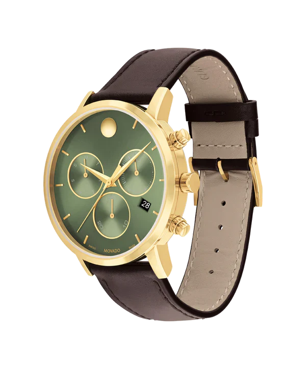 Movado Museum Classic Chronograph watch shown from side profile with brown leather strap
