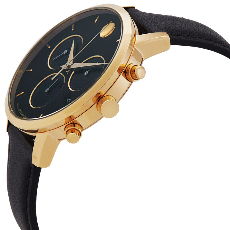 Side angle view of Movado Museum Classic watch showing gold case and black leather strap