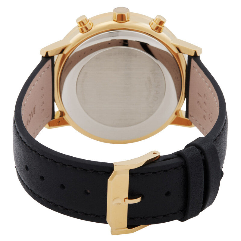 Caseback view of Movado Museum Classic watch with black leather strap