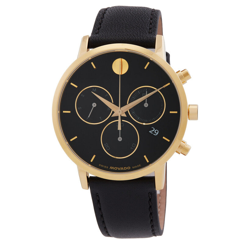 Movado Museum Classic quartz chronograph watch with black dial and gold-tone case