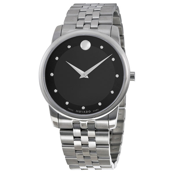 Movado Museum Diamonds Black Dial Silver Steel Strap Men's Watch 0606878