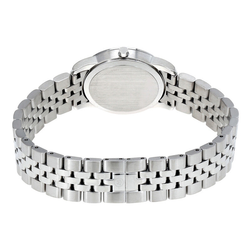 Movado Museum watch caseback showing stainless steel case with bracelet