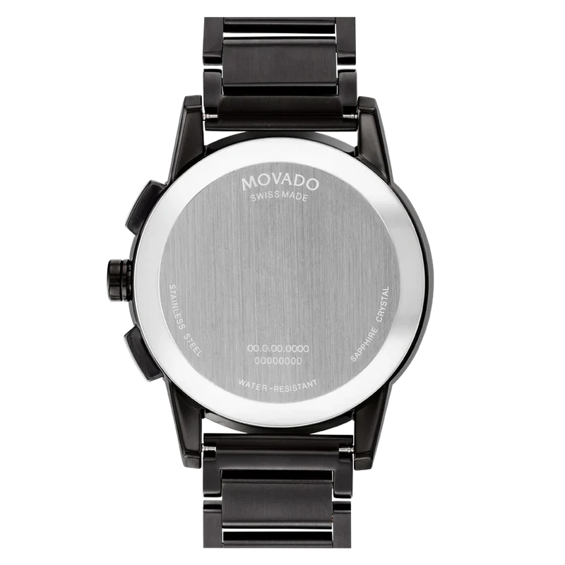 Movado caseback showing engraved logo, Swiss made marking, and water resistance specification