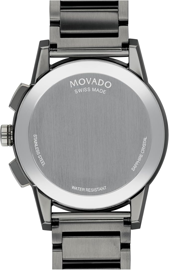 Movado Museum Sport caseback with Swiss Made marking and water resistant specification
