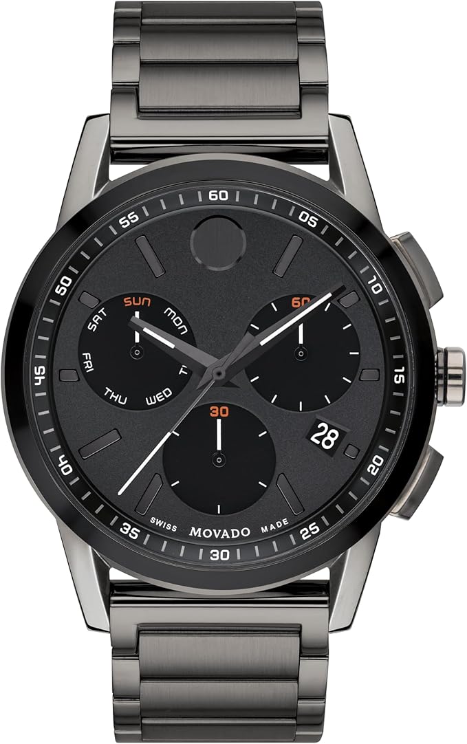 Movado Museum Sport Chronograph with black dial, three subdials, and stainless steel bracelet