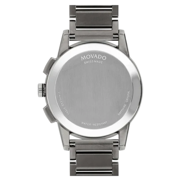 Movado Museum Sport Chronograph caseback showing Swiss made dial with water-resistant marking