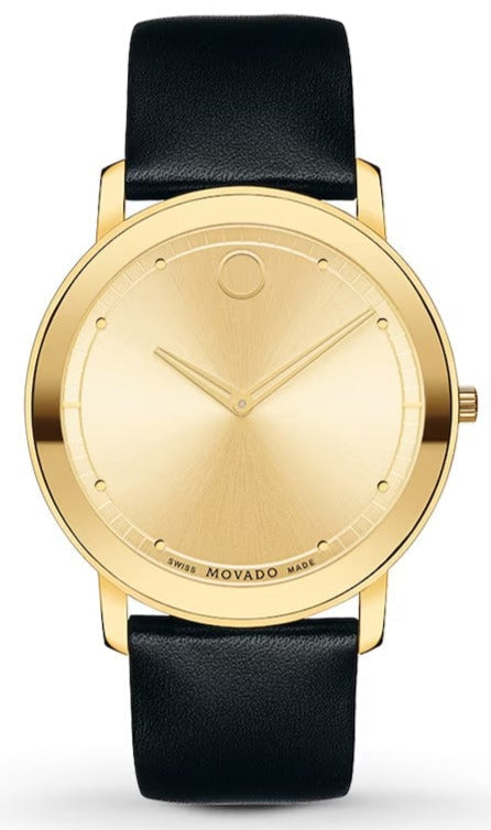 Movado Sapphire gold-plated men's watch with champagne dial and black leather strap