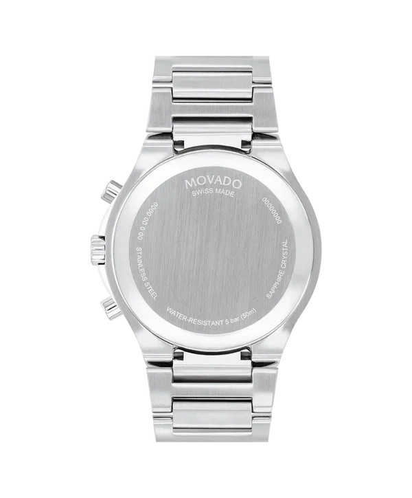 Movado SE Chronograph caseback with stainless steel and engraved text