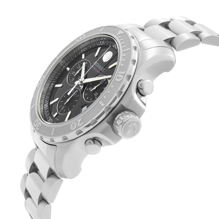 Movado Series 800 chronograph watch in profile showing chronograph pushers and strap