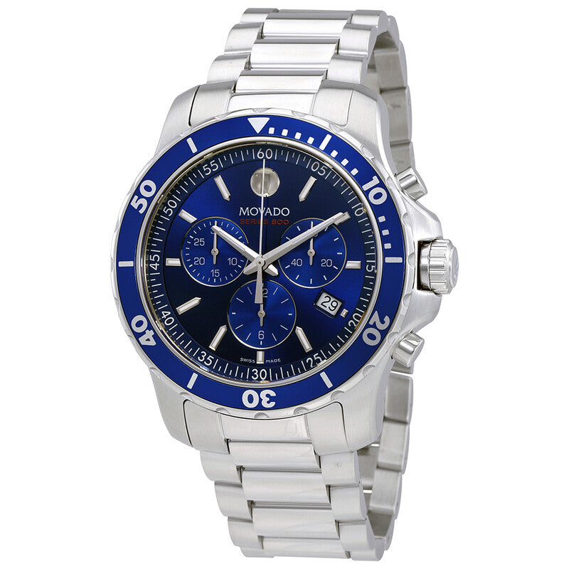 Movado Series 800 chronograph blue dial with steel bracelet at three-quarter angle
