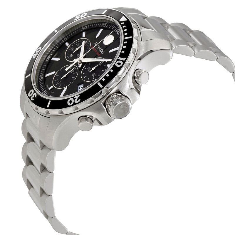 Movado Series 800 men's chronograph watch shown from side profile with stainless steel bracelet and pushers