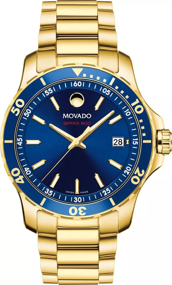 Movado Series 800 Blue Dial Gold Steel Strap Mens's Watch - 2600144