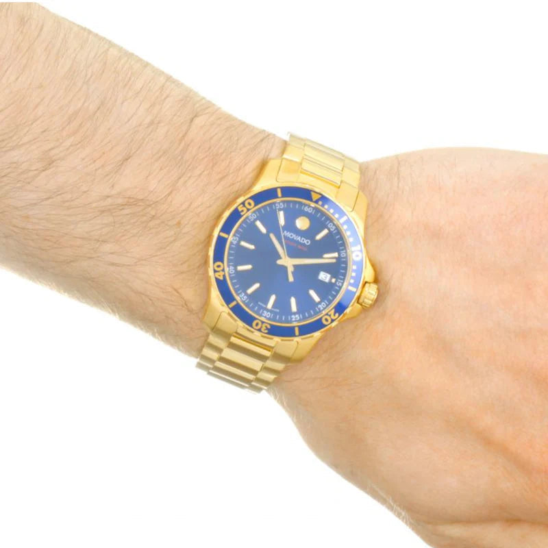 Movado Series 800 Blue Dial Gold Steel Strap Mens's Watch - 2600144