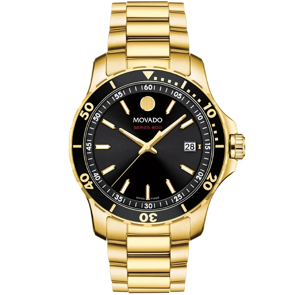 Movado Series 800 gold tone watch with black dial, date window, and gold bracelet