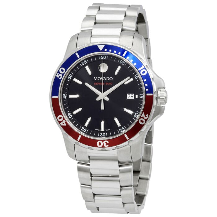Angled view of Movado Series 800 Pepsi Black Dial Silver Steel watch showcasing bezel and bracelet