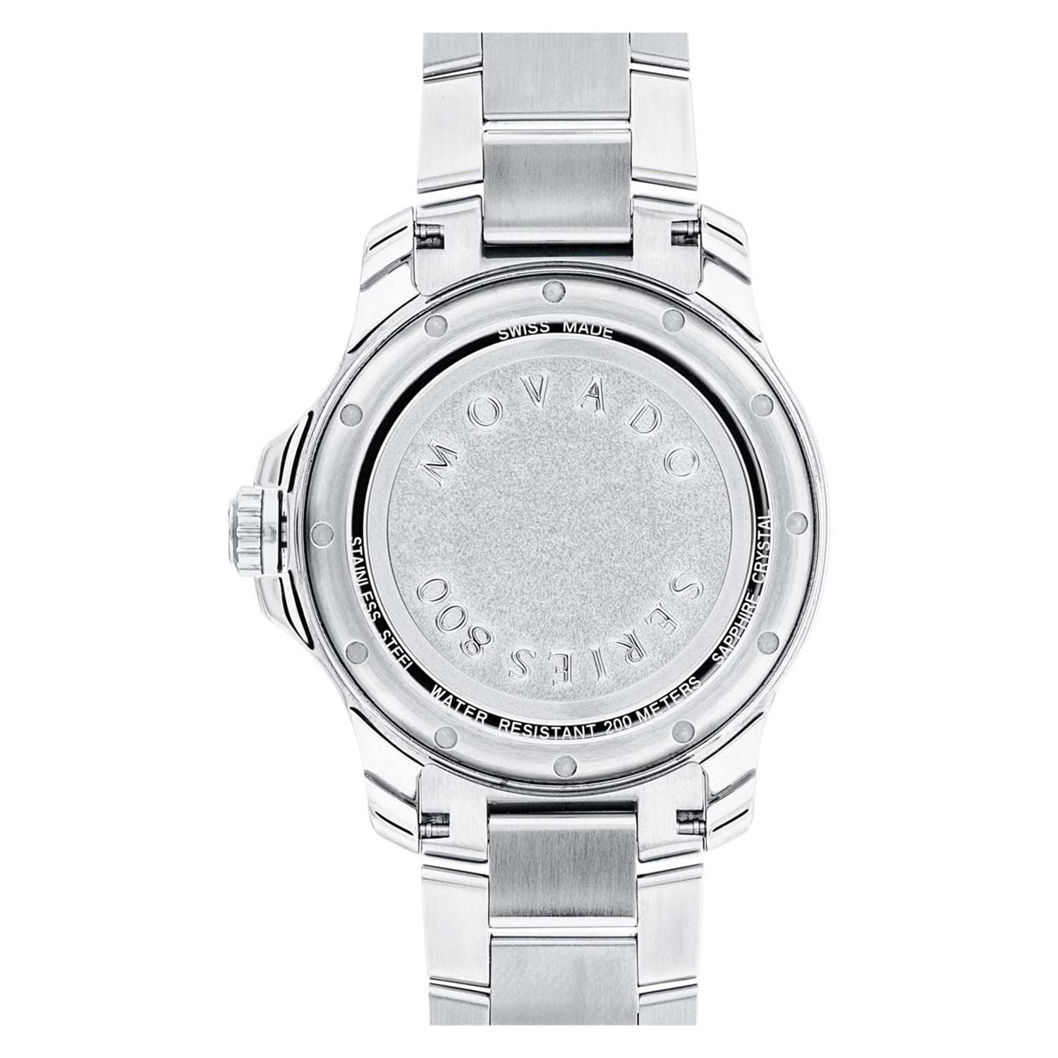 Stainless steel caseback of Movado Series 800 watch with engraved text and bracelet