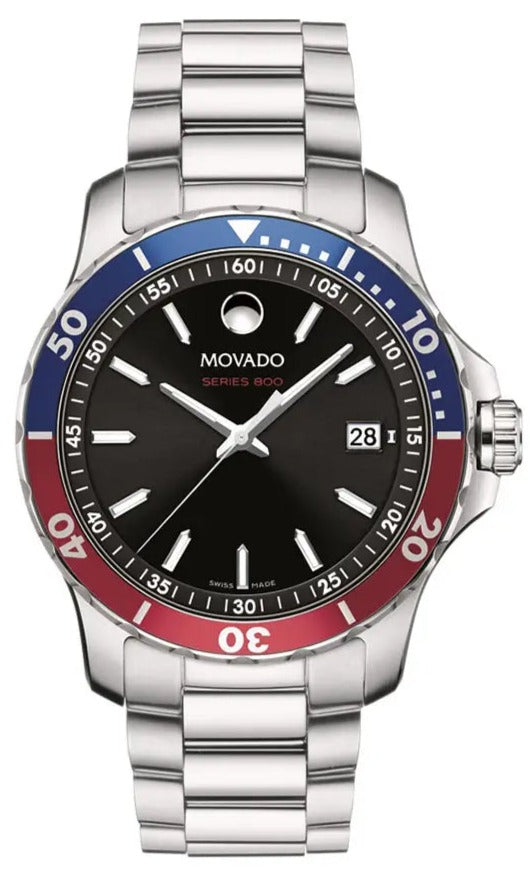Movado Series 800 watch with black dial, blue and red Pepsi bezel, silver steel bracelet, and date window