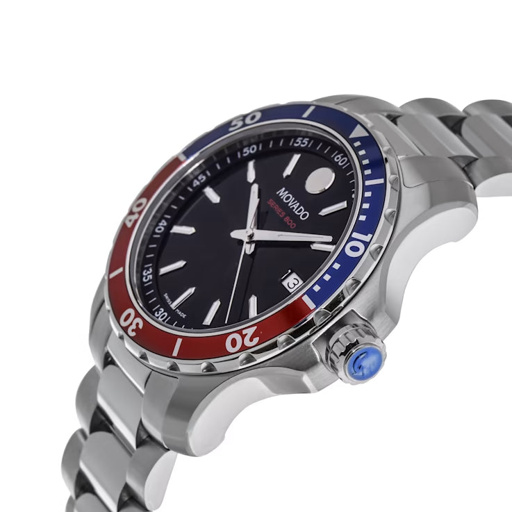 Movado Series 800 Pepsi watch on wrist showing black dial and blue-red bezel detail