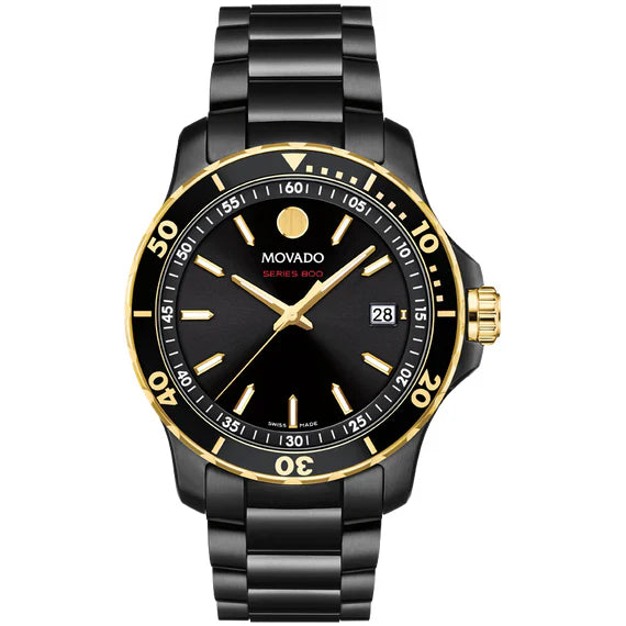 Movado Series 800 men's watch with black dial, gold bezel, and black steel bracelet
