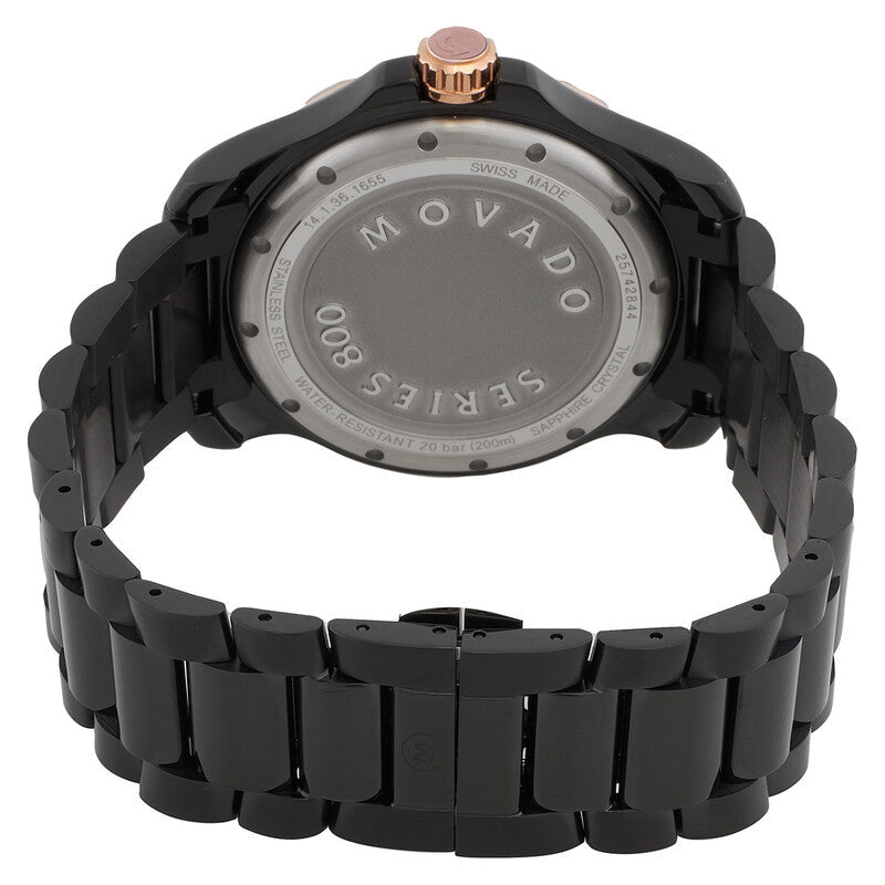 Caseback of Movado Series 800 showing engraved text on transparent case back