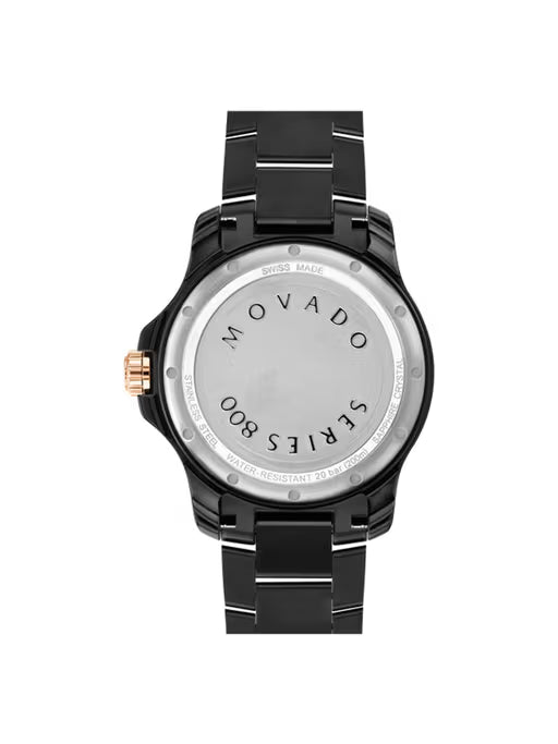 Movado Series 800 watch displayed flat showing full dial and steel bracelet