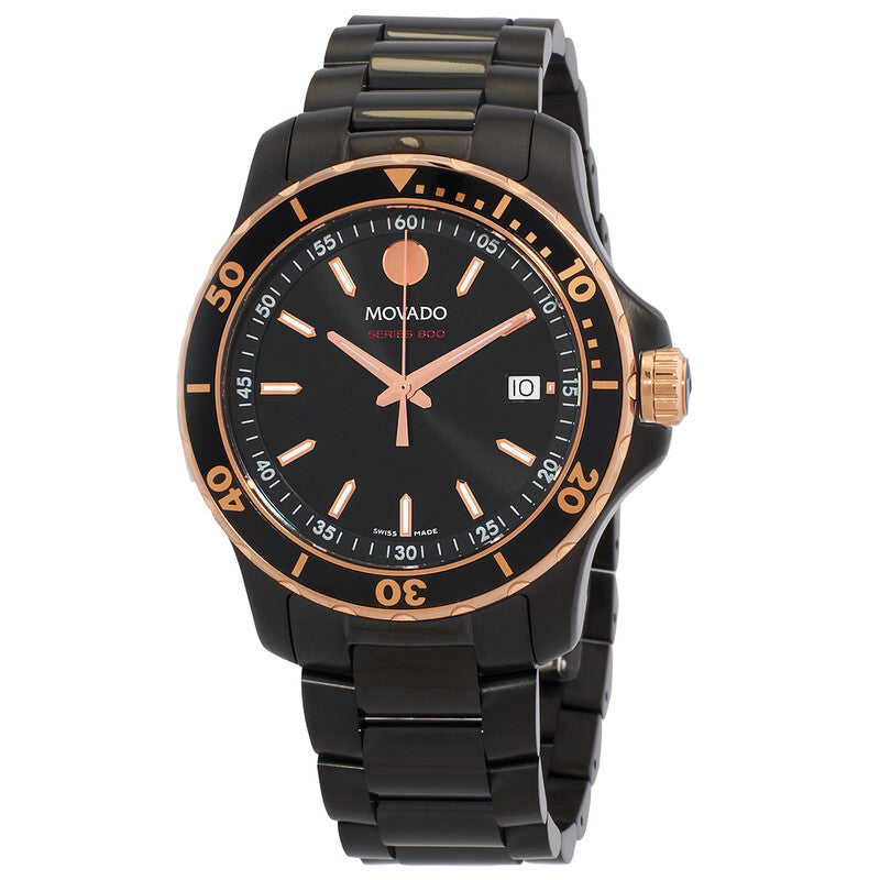 Movado Series 800 quartz watch with black dial, rose gold bezel and hands, steel bracelet