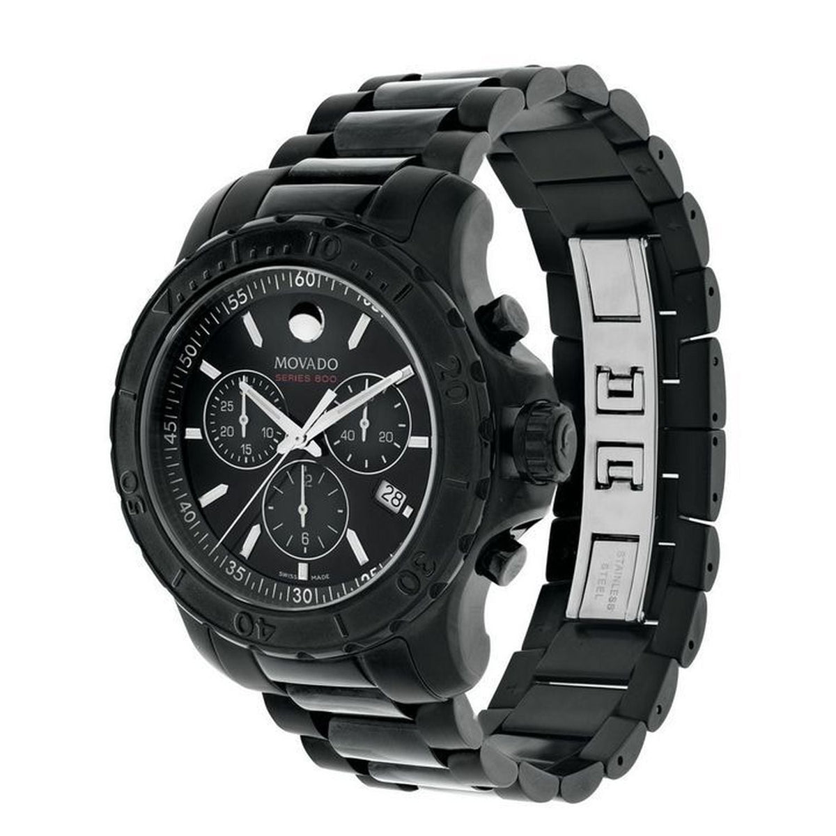 Movado Series 800 Chronograph black PVD case and bracelet shown at side angle